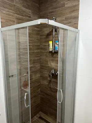 a shower with a glass door in a bathroom at Apartman Aurora in Arandjelovac