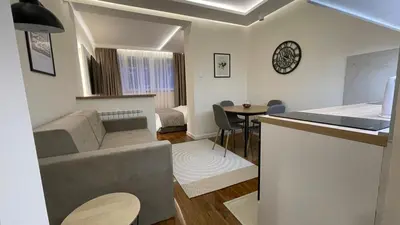 a kitchen and living room with a couch and a table at Luka Luxury Suite in Belgrade
