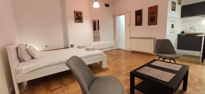 a bedroom with a bed and a table and chairs at Olimp Zvezdara in Mirijevo