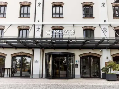 a building with the entrance to the russian embassy at Radisson Collection Hotel, Old Mill Belgrade in Belgrade