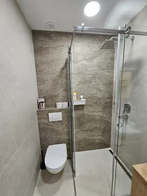 a bathroom with a toilet and a shower at Apartman Oki in Belgrade