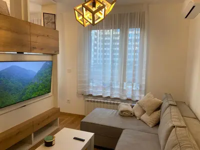 a living room with a couch and a large flat screen tv at Garden Oasis in Belgrade