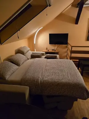 a bedroom with a large bed and a flat screen tv at Earth & Sky apartment in Sajmište