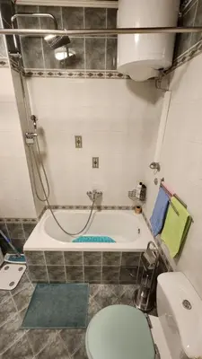 a bathroom with a toilet and a bath tub at Earth & Sky apartment in Sajmište