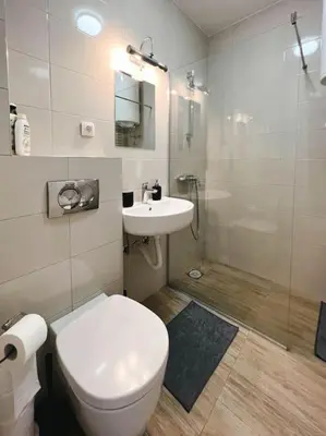 a bathroom with a toilet and a sink and a shower at Terrace Charm 25 in Belgrade