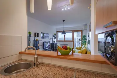 a kitchen with a sink and a bowl of fruit on a counter at Yellow Lux apartment in Novi Beograd