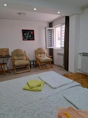 a room with two chairs and a bed with a rug at Apartment Gajic in Belgrade