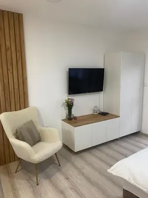 a living room with a tv and a chair at Apartman Enigma in Ruma