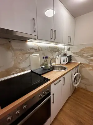 a kitchen with a sink and a stove top oven at Apartman Savamala Promenada 57 in Belgrade