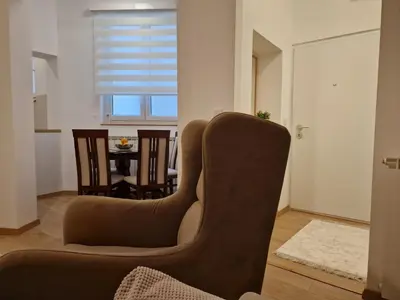 a living room with a chair and a table at Apartment Olga in Vračar (historical)