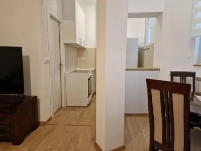 a living room with a sink and a kitchen at Apartment Olga in Vračar (historical)