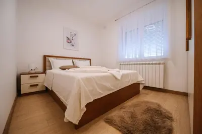a bedroom with a bed and a window and a rug at Nika apartman in Surčin