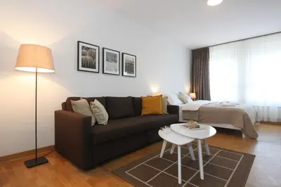 a living room with a couch and a bed at Evergreen - studio in Belgrade to relax and enjoy, parking 5 eur per day in Belgrade