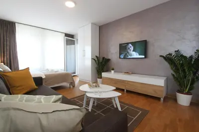 a living room with a couch and a table at Evergreen - studio in Belgrade to relax and enjoy, parking 5 eur per day in Belgrade