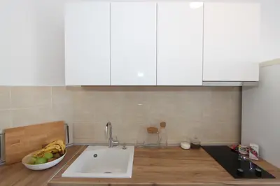 a kitchen with a sink and a bowl of fruit at Evergreen - studio in Belgrade to relax and enjoy, parking 5 eur per day in Belgrade