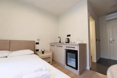 a white bedroom with a bed and a fireplace at HOTEL Iva Old Town in Belgrade