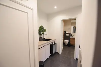 a kitchen with a sink and a stove top oven at HOTEL Iva Old Town in Belgrade