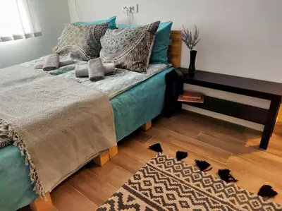 a bedroom with a bed with cats on the floor at Le Petit Studio in Kanarevo Brdo