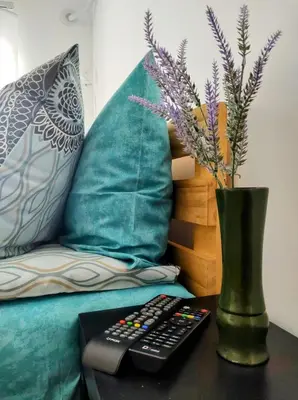 a vase with flowers and a remote control on a table at Le Petit Studio in Kanarevo Brdo