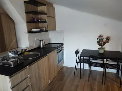 a kitchen with a sink and a table with chairs at Le Petit Studio in Kanarevo Brdo