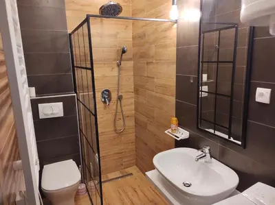 a bathroom with a shower and a toilet and a sink at Le Petit Studio in Kanarevo Brdo