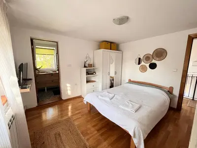 a bedroom with a bed and a television in it at Vila blizu Beograda - My Family Cottage in Ba°evac