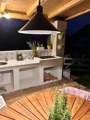 a kitchen with a counter with potted plants on it at Vila blizu Beograda - My Family Cottage in Ba°evac