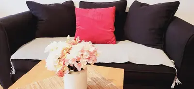 a vase with flowers on a table in front of a couch at Bulevar Plus in Belgrade