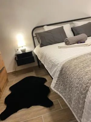 a bedroom with a bed with a black rug on the floor at Apartman Alexandra in Ruma