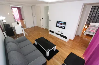 a living room with a gray couch and a tv at Aleksandar - Stan Na dan Belvil Novi Beograd in Belgrade
