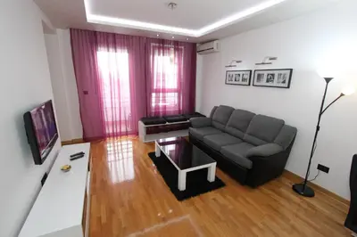 a living room with a couch and a tv at Aleksandar - Stan Na dan Belvil Novi Beograd in Belgrade