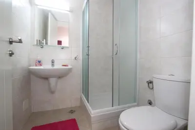 a bathroom with a shower and a toilet and a sink at Aleksandar - Stan Na dan Belvil Novi Beograd in Belgrade