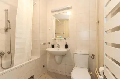 a bathroom with a toilet and a sink and a shower at Portago - Stan na dan Belvil Novi Beograd in Belgrade