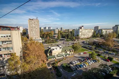 an aerial view of a city with a parking lot at Sunny Nest Apartment in Fontana
