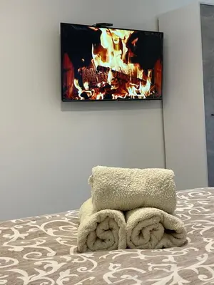 a tv hanging on a wall with a fire at Luxury Centar 2 in Arandjelovac