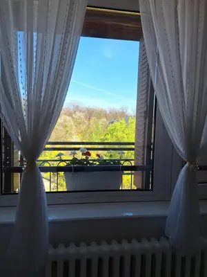 a window with curtains and a view of a balcony at RIVIJERA GREEN in Belgrade