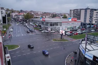 an aerial view of a city street with cars at Apartment Grau in Žarkovo