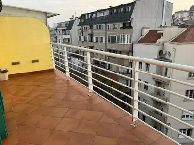 a balcony with a view of some buildings at Silicon Valley studio in Belgrade
