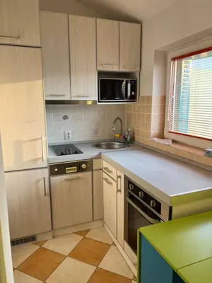 a kitchen with wooden cabinets and a sink at Silicon Valley studio in Belgrade