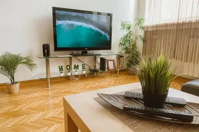 a living room with a flat screen tv and plants at ART residence Cara Urosa in Belgrade