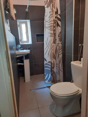 a bathroom with a toilet and a shower curtain at TITO in Belgrade