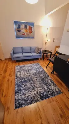 a living room with a blue couch and a rug at Beogradjanka CITY CENTAR cozy apartment in Belgrade