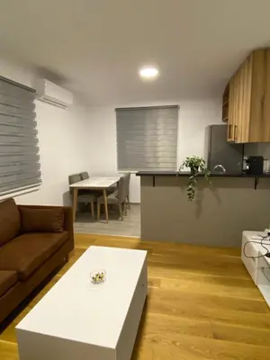 a living room with a couch and a table at Filmski grad Apartmani in Filmski Grad