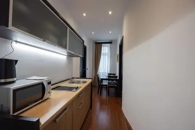 a kitchen with a sink and a microwave at Belgrade Center Apartment Lux V in Belgrade
