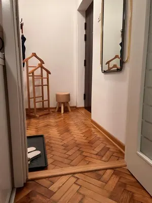 a hallway with a wooden floor and a mirror at Cozy with parking in Zemun