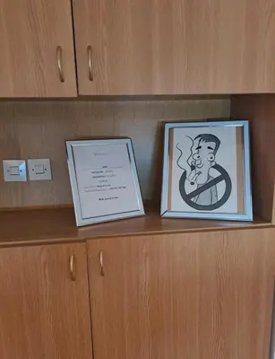 two framed pictures sitting on top of a cabinet at Apartman 2001 Stari grad in Belgrade