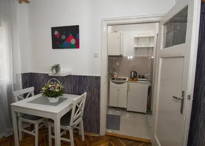 a small kitchen with a table and chairs in a room at Studio Sky in Belgrade