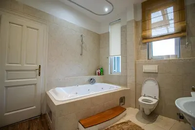 a bathroom with a tub and a toilet and a sink at King Peter Apartment in Belgrade