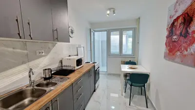 a kitchen with a sink and a counter at Apartman Laki in Tošin Bunar