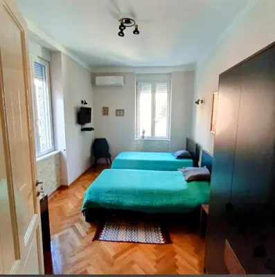 a bedroom with two beds and a green blanket at Gracia apartment in Belgrade